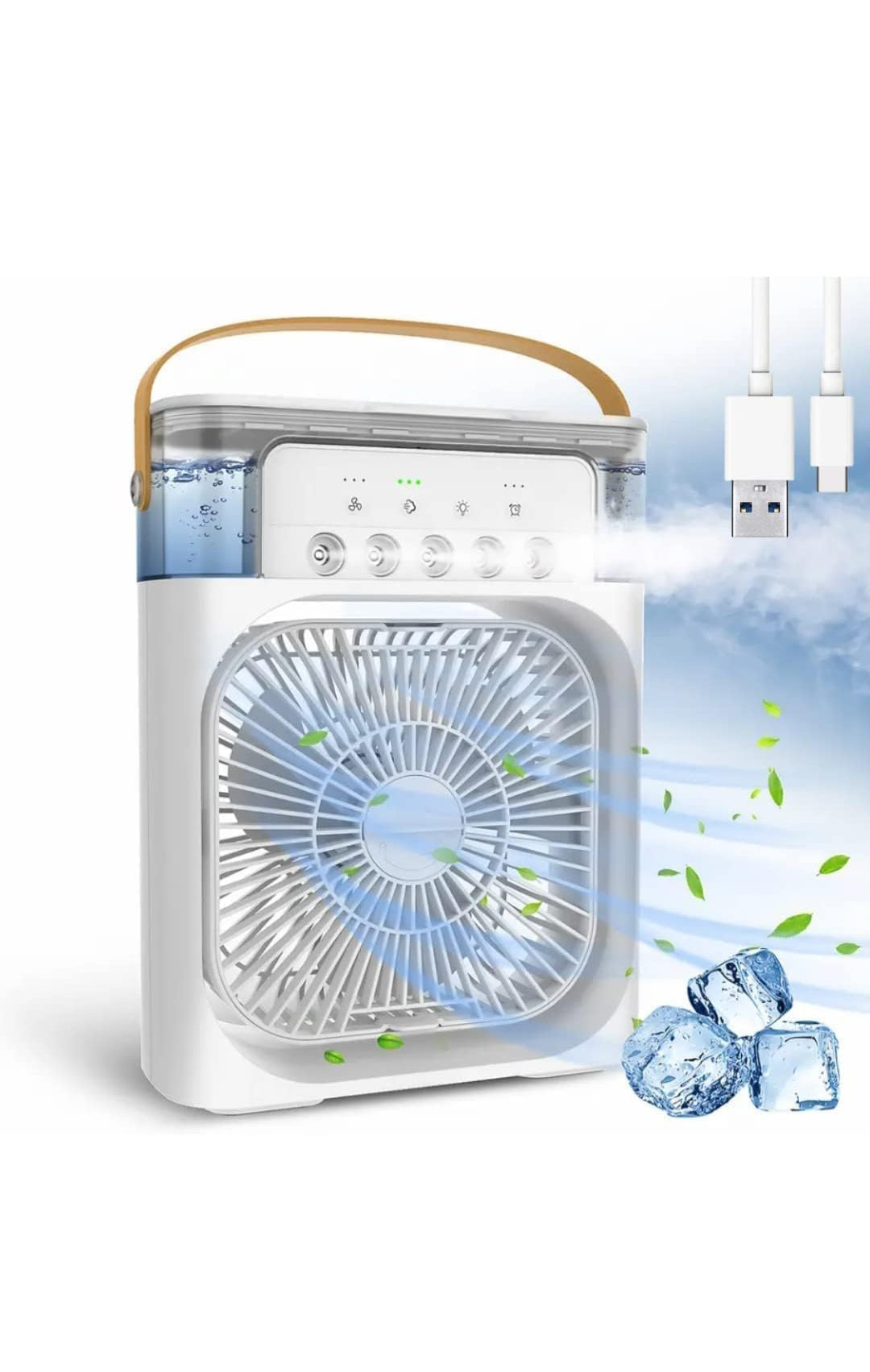 Small AC Quiet Personal Air Cooler,USB Vault Powered Saver Mini Desktop Cooling Misting Fan, 1 | 2 | 3 Timer 3 Smart Speeds,360